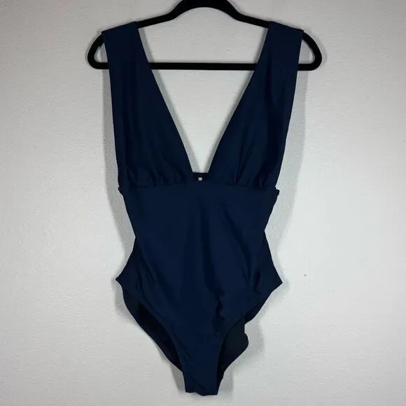 J Crew Tactel Deep V Tank Swimsuit Navy Blue One Piece Size 12 G9417