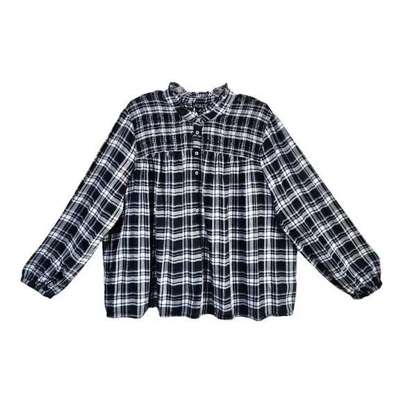 J CREW Women's Plus 3X Tunic Blouse 1/2 Buttons Smocked Plaid Black White 54