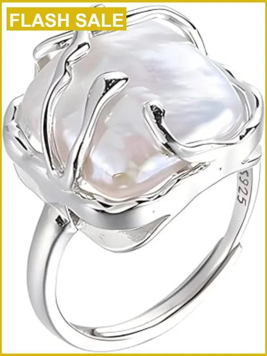 Irregular Baroque Pearl Silver Statement Ring - Adjustable Women's Jewelry