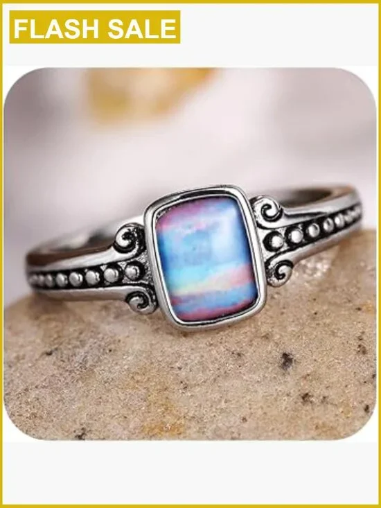 925 Silver Plated Rainbow Moonstone Mood Ring Engagement Ring Size 6.5