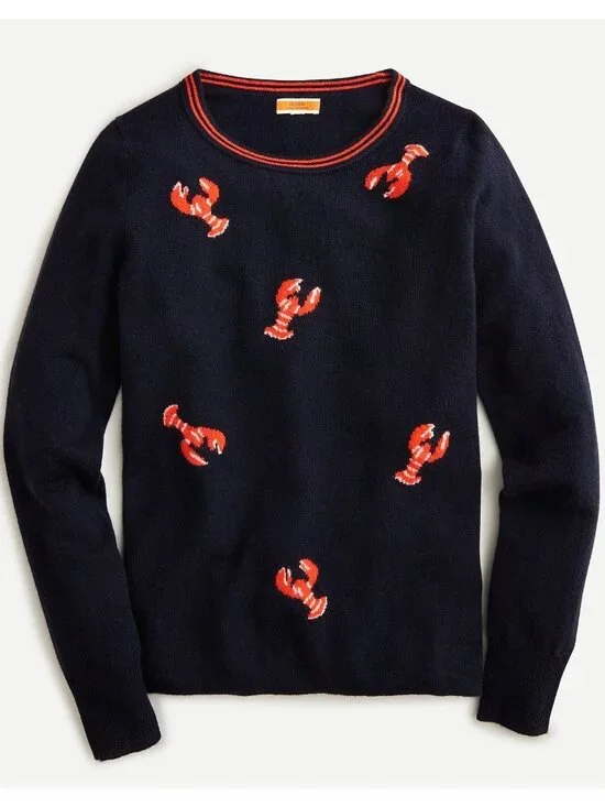 NWT J.Crew Cashmere Crewneck Sweater in Ink Navy Flying Lobsters Print L