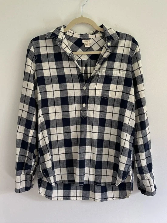 J. Crew Navy White Plaid Cotton Half Button Popover Long Sleeve Top Coastal XS