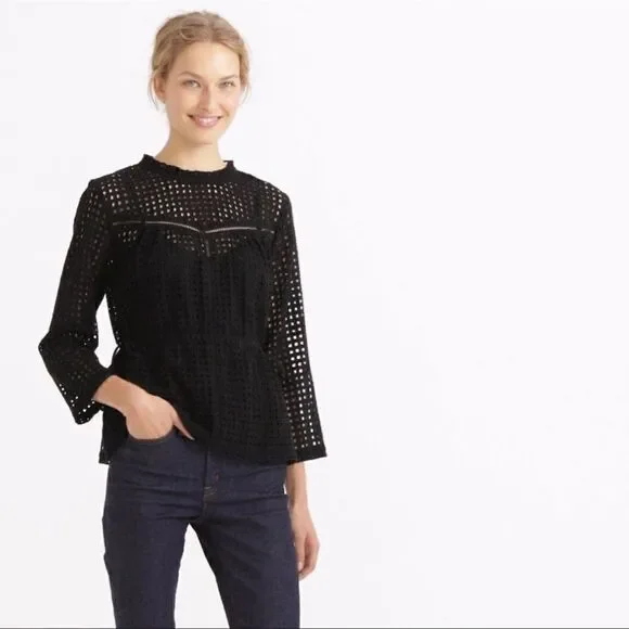 Point Sur J. Crew Black Eyelet Lace Top Long Sleeve Cinch Tie Waist 2