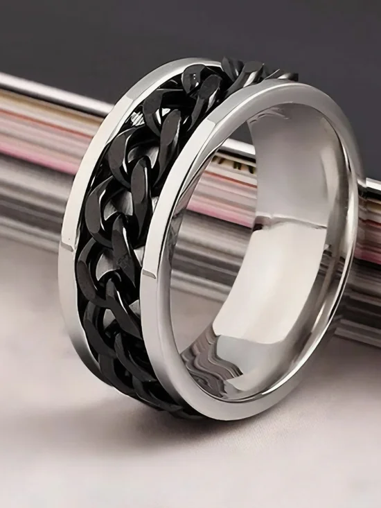 Stainless Steel Ring with Black Chain Inlay