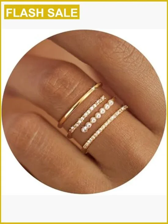 Dainty Stackable Cubic Zirconia Pearl Rings Set - 3 Rings