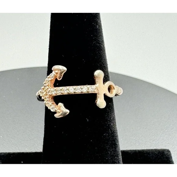 Sterling Silver 925 Rose Gold‎ Plated Pave CZ Anchor Nautical Mariner Ring 6.75