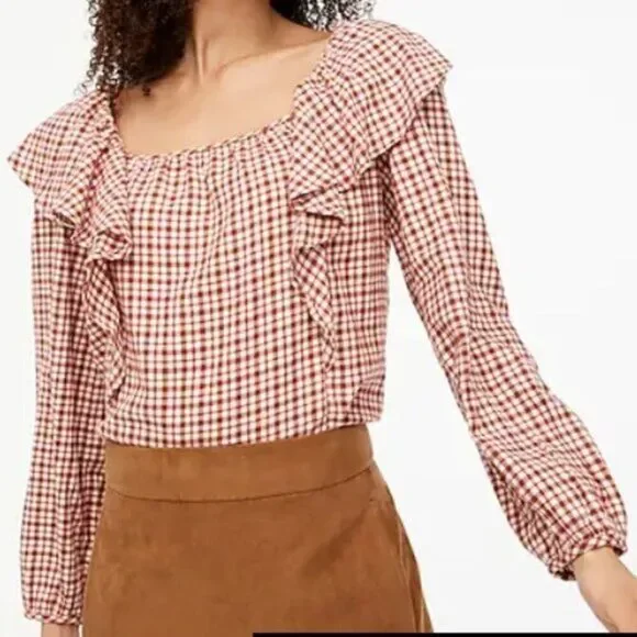 J CREW‎ WOMEN'S FLANNEL SQUARENECK COTTON RUFFLE TOP