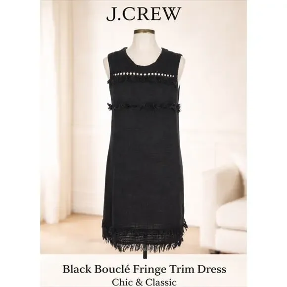 J.Crew Black Bouclé Fringe Trim‎ Dress Size L Classic Chic Shift