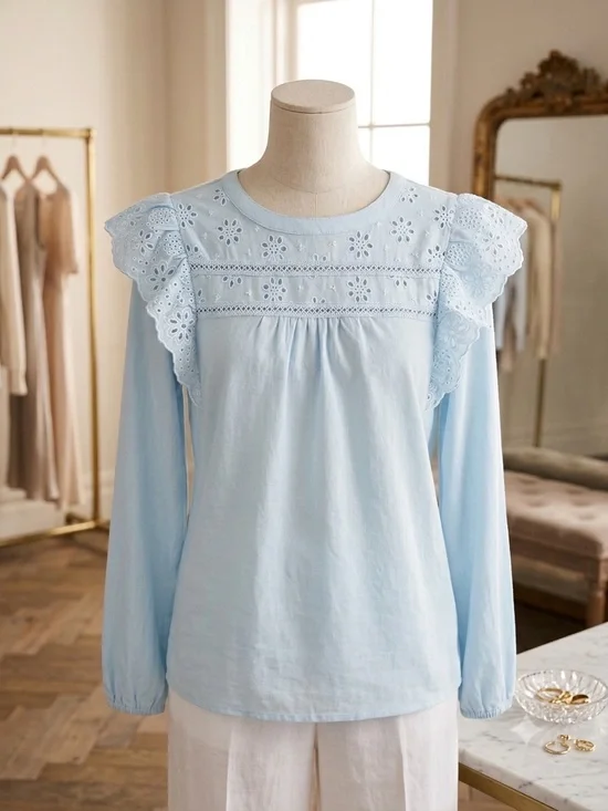 J. Crew Light Blue Eyelet Ruffle Yoke Long-Sleeve Top