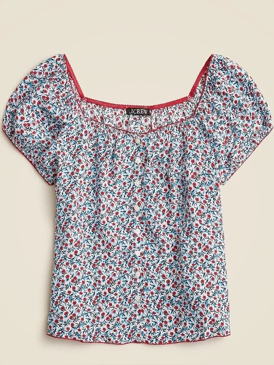 J. Crew White Garden-Print Puff Sleeve Peasant Top with Red Trim Size-X-Large