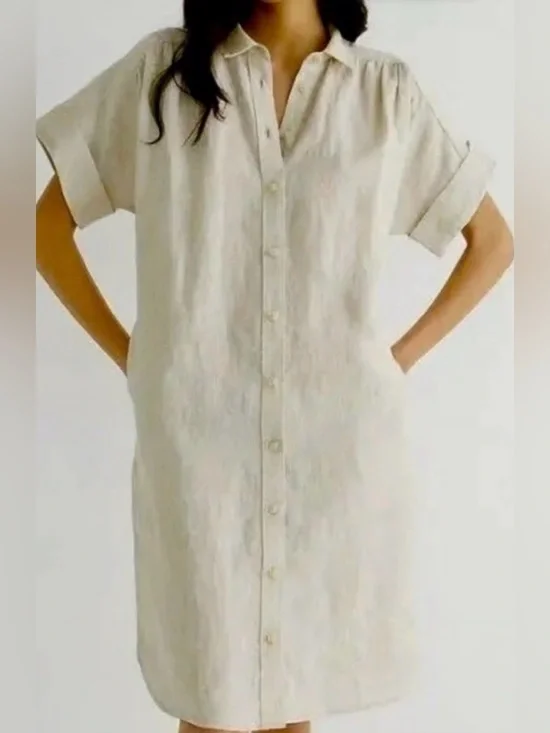 J. Crew Linen Button-Front Midi Dress in Natural Cream