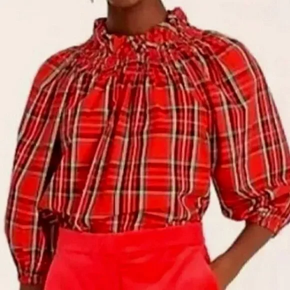 J CREW Ruffleneck Red Tartan Plaid Cotton Blouse Sz XSMALL NWT