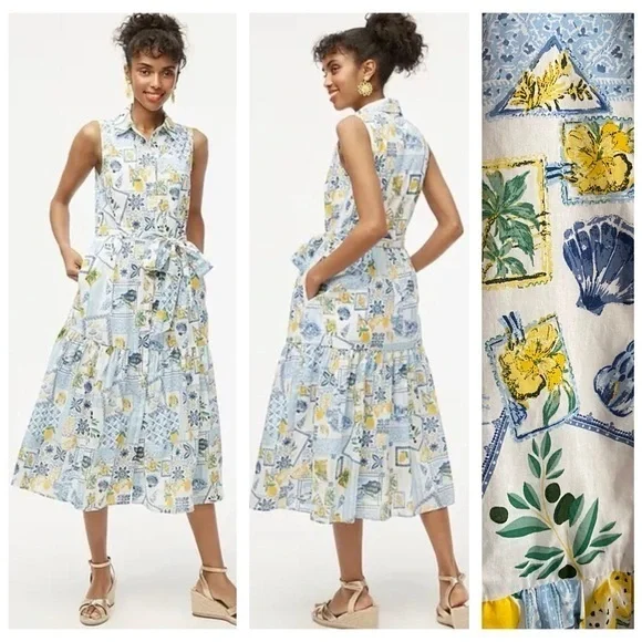 J.Crew White Blue Yellow Tropical Vacation Print Collared Midi Dress 2