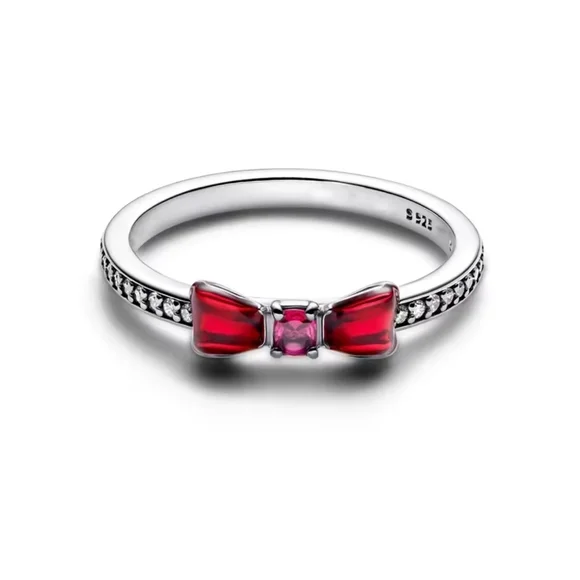 925 Sterling Silver Red Bow Ring Dainty Crystal Coquette Jewelry Size 6.5