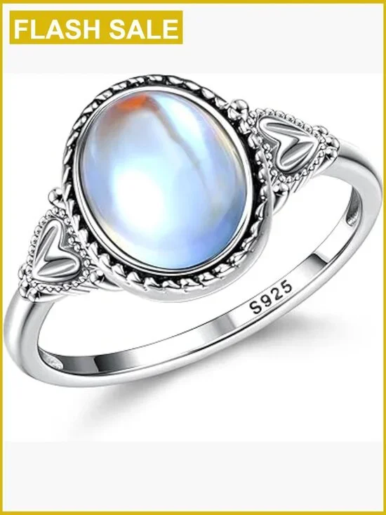 Vintage Oval Moonstone Mood Ring Sterling Silver 18K White Gold Plated Solitaire