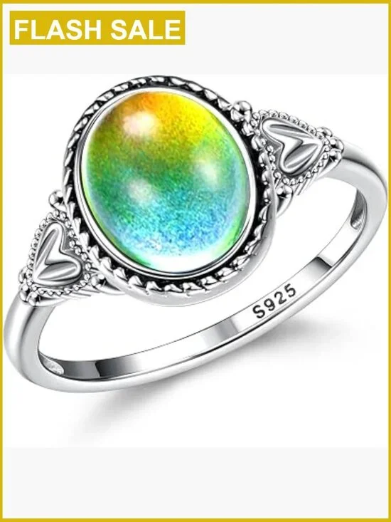 Sterling Silver Mood Ring - 18K White Gold Plated - Solitaire Oval Stone - Size