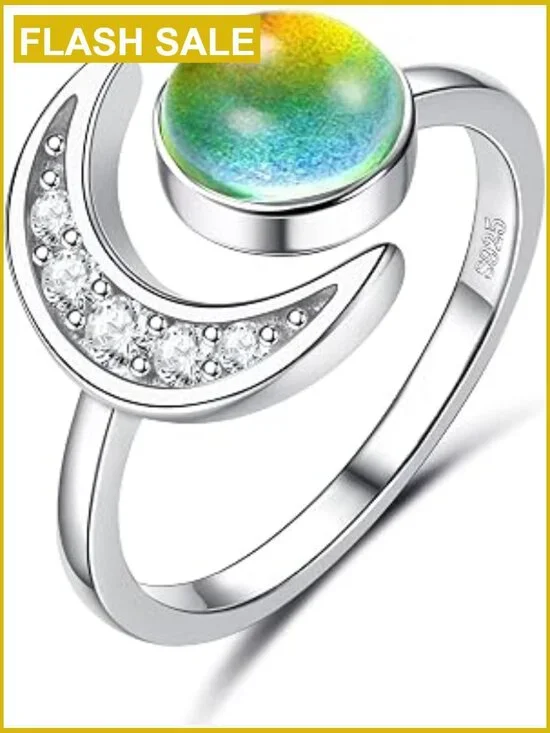 Adjustable Sterling Silver Moon Star Mood Ring Statement Jewelry