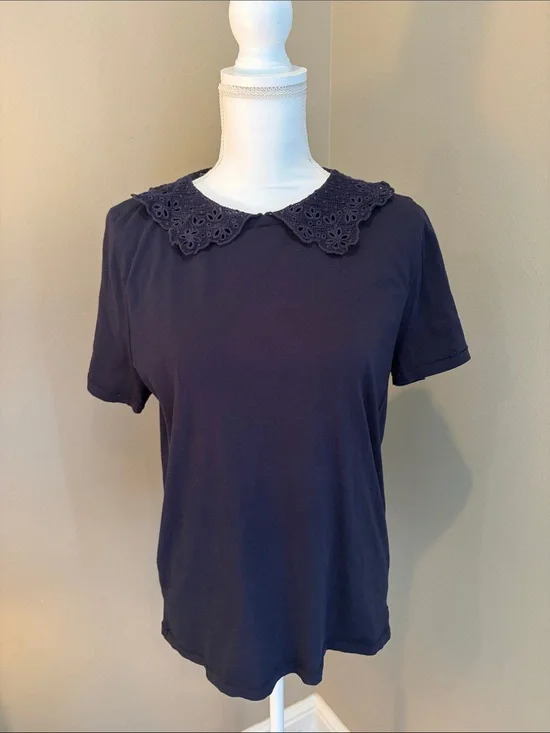 J. Crew Navy Short Sleeve Tee with Eyelet Peter Pan Collar