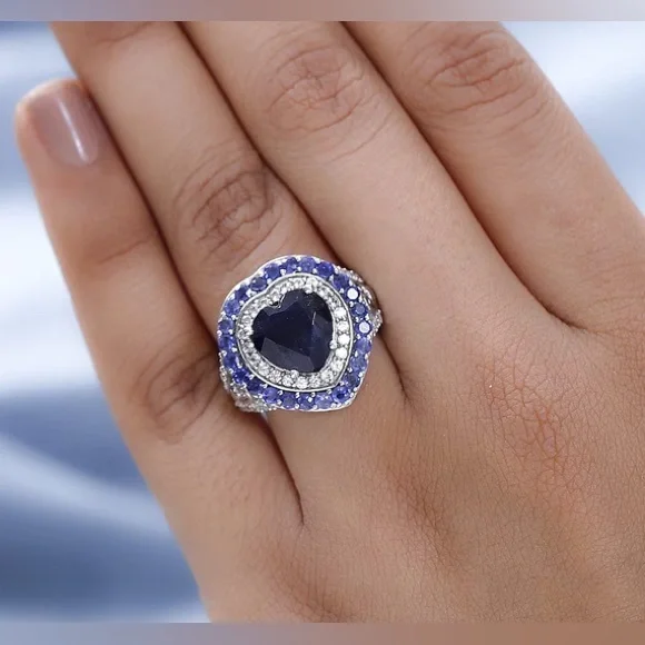 Sapphire heart shaped ring 7.75 cwt platinum over sterling silver size 7