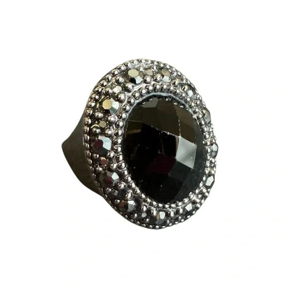 Vintage‎ Cocktail Ring Large Black Faceted Stone Faux Marcasite Statement 5.5