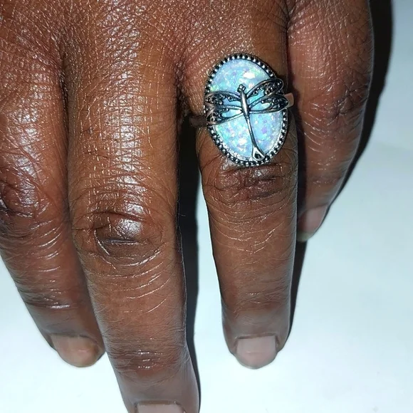 Vintage Elegant Silver Dragonfly Opal Ring Sz 8