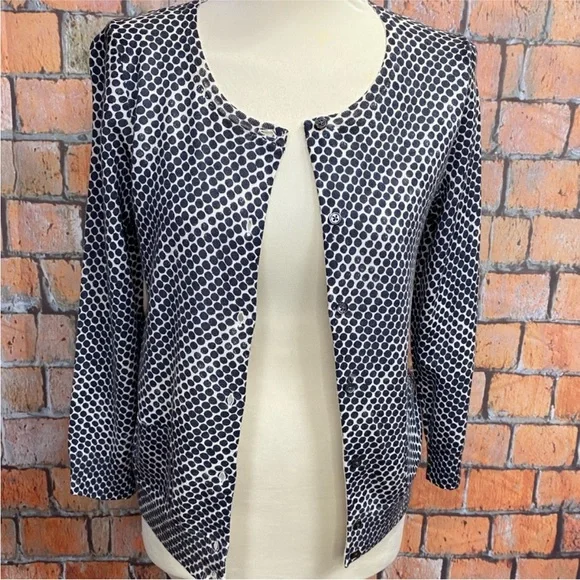 J. Crew Gray and White Polka Dot Merino Wool Cardigan‎ Sweater