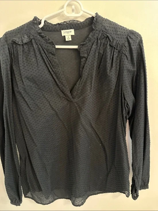 J. Crew Black Swiss Dot Long Sleeve V-Neck Top