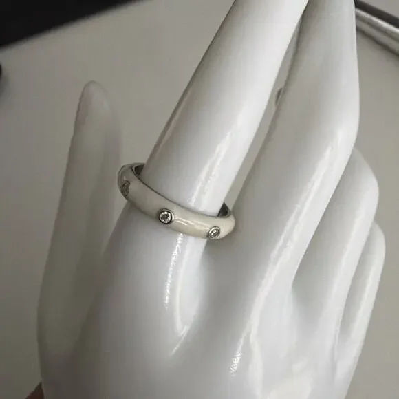 Vintage Sterling Sign 925 Vietnam Hopeful Inlay White Enamel and CZ Band Ring 10