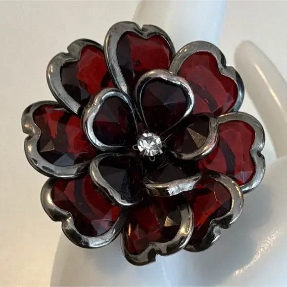 Vintage Silver Tone Red Flower Cocktail Ring Wide Band Clear Center Stone Size 8