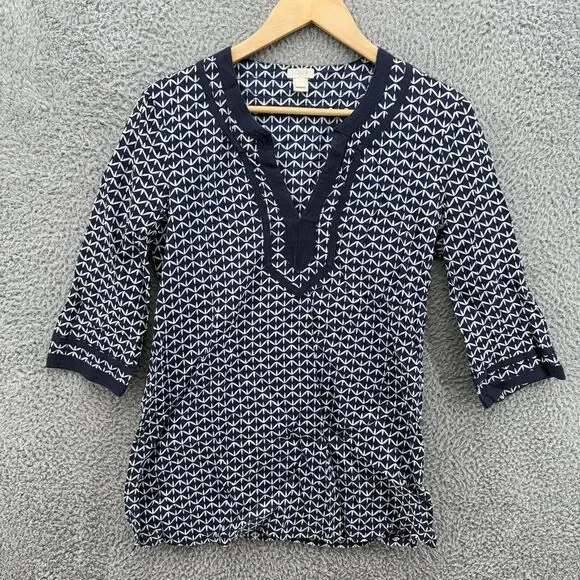 J Crew Womens Small Retro Boho Geometric V-Neck Tunic 3/4 Sleeves Navy White‎