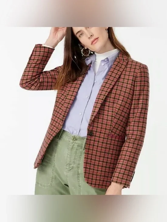 J. Crew Wool Parke Blazer Jacket English Plaid Pink Black Size 10