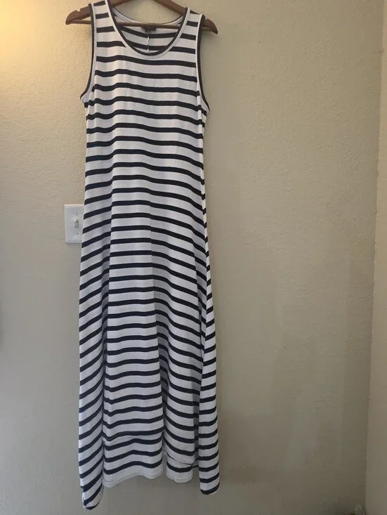 J.‎ Crew Maxi Tank Dress Womens Medium Black White Stripe High Low Hem Nautical