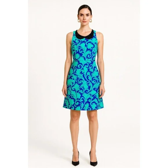 Stunning Sleeveless Beaded Collar Dress Bold Blue Teal Print A-Line‎ Women 4