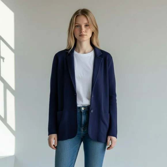 J. Crew Navy Blue Double Button Knit Sweater Blazer, Size S, Style G9309