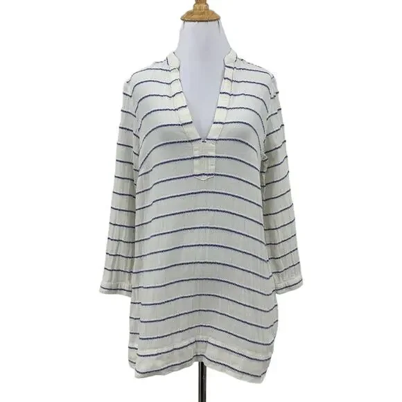 J Crew Striped Tunic Shirt Womens XS Extra Small Low Cut V Neck 3/4 Sleeves Top