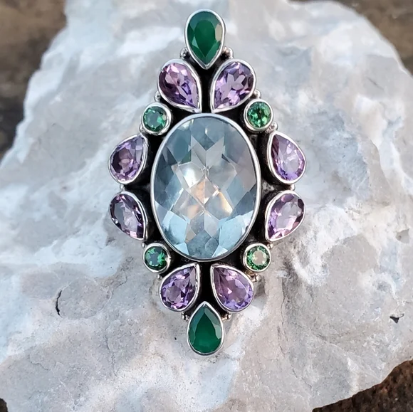Nicky Butler Aqua Quartz Amethyst Chalcedony 925 Sterling Silver Size 10.5 Ring