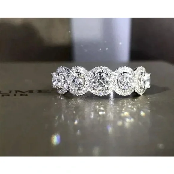 5‎ Stone Halo Simulated Diamond Ring | Platinum Plated Sterling Silver