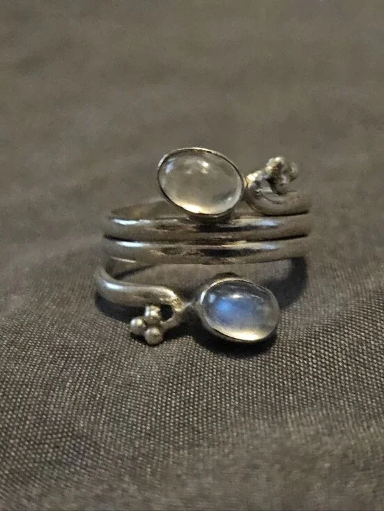 925 Sterling Silver Rainbow Moonstone Bypass Wrap Ring Multi Band Size 7 Boho