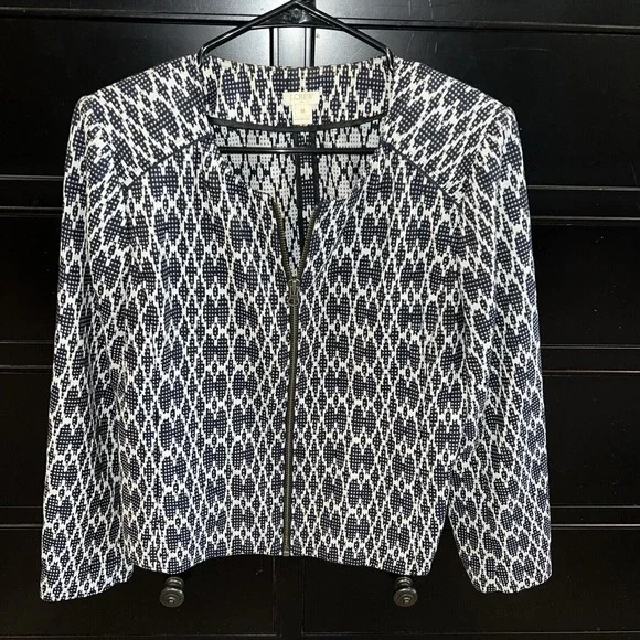 J.Crew Jacquard‎ Zipper Jacket Geometric Motorcycle Navy White Medium Blazer