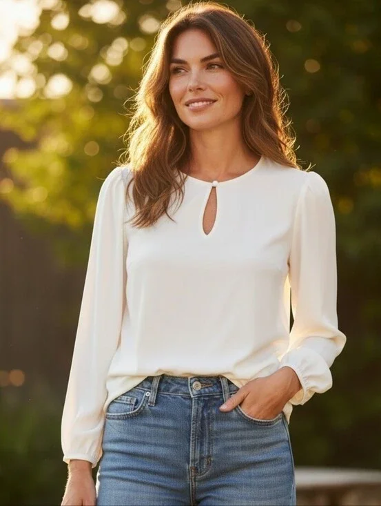 J. Crew Cream Long-Sleeve Keyhole Top