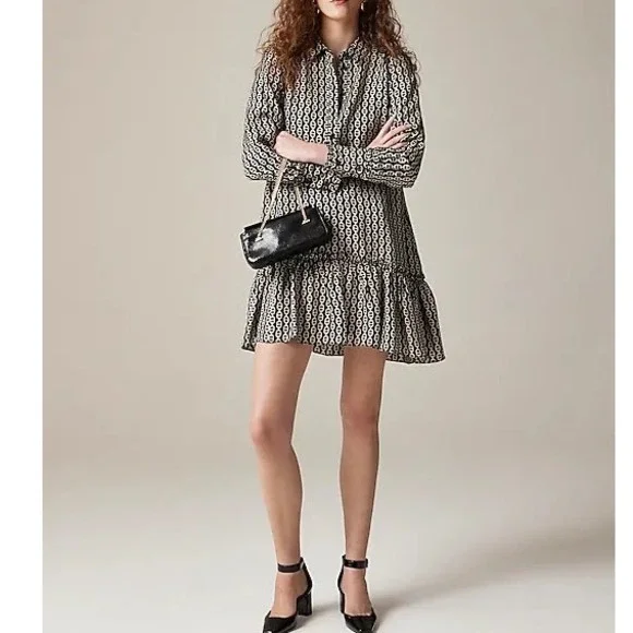 J.Crew Women's Shirt Dress Chain Print Long Sleeve Ruffle Hem E1‎