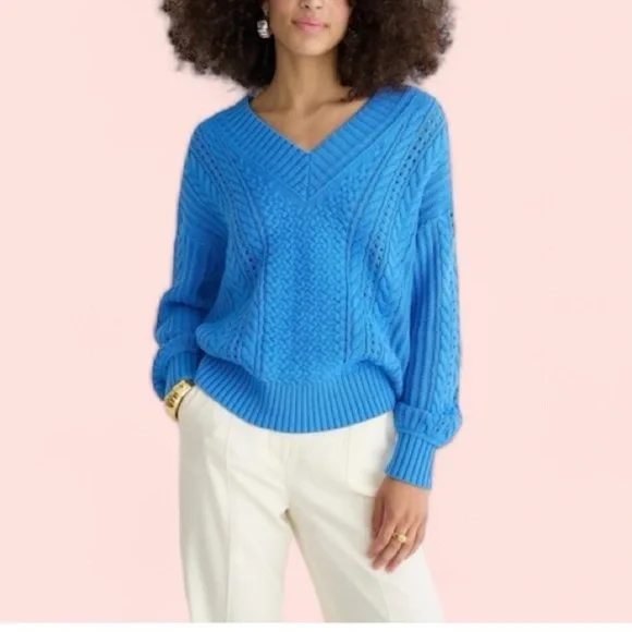 J.Crew Blue Chunky Cable-Knit V Sweater