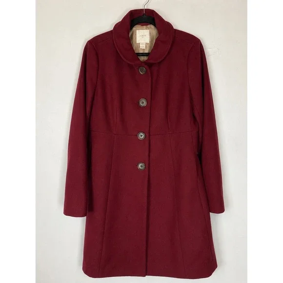 J.Crew Burgundy Wool Blend Coat Size 6 Long Peacoat Dress Coat Classic