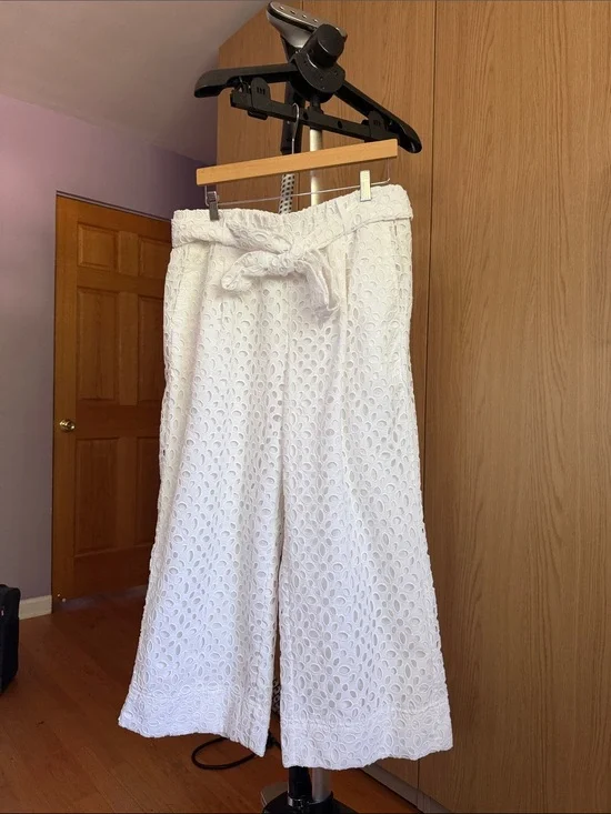J. Crew White Eyelet Wide-Leg Pants with Tie Belt