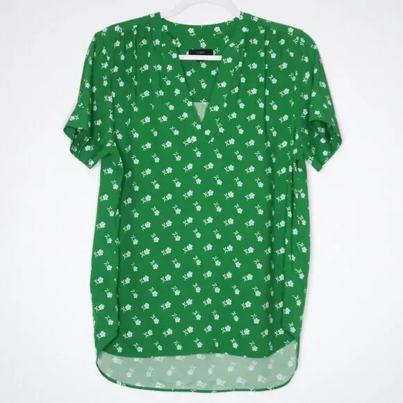 J.Crew Womens Blouse Size Small Green Floral Split V-neck Feminine Office Career