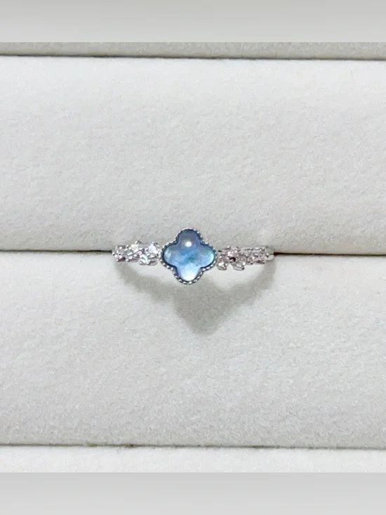 Natural Blue Aquamarine Four-Leaf Clover Ring Silver Plated Dainty Open Ring