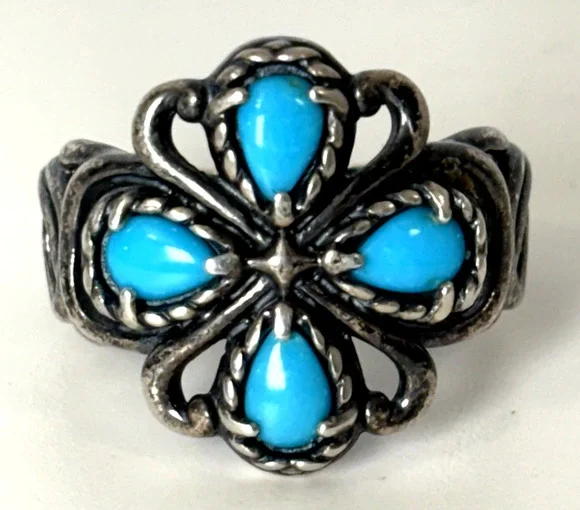 CAROLYN POLLACK Relios 925 Silver Blue Turquoise Floral Cluster Ring Size 10 7g