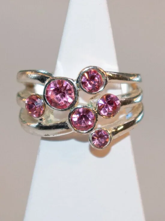 Silver Tone Cluster Ring with Pink Stones US 7