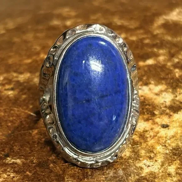 Stainless Steel & Blue Cabochon Stone Ring Size 9