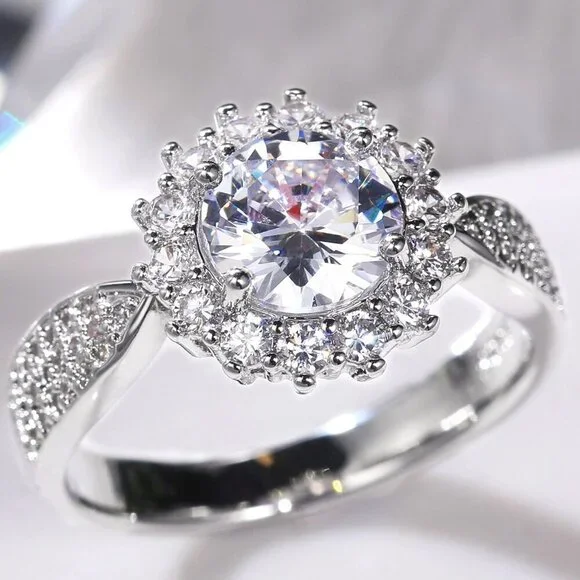 😍925 SILVER MOISSANITE SUN FLOWER WEDDING/ENGAGEMENT RING WOMEN, K754